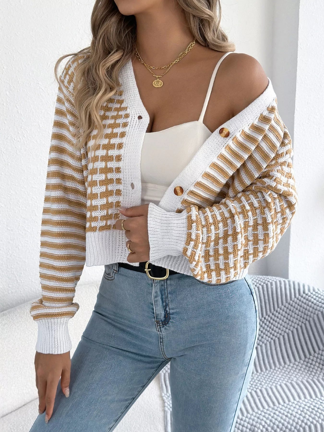 Striped Button-Up Cropped Cardigan 