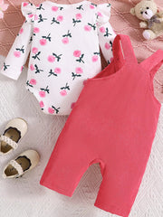 Children's Floral Print Ruffle Trim Bodysuit & Bear Applique Overalls Set 