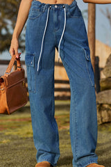 Loose Fit Drawstring Jeans with Pocket 