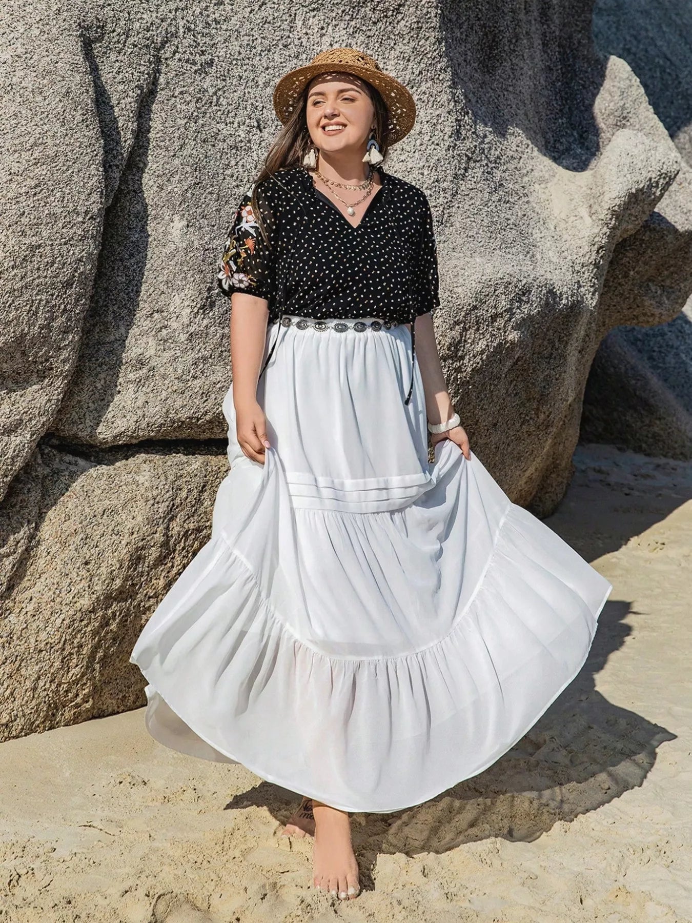 Plus Size Printed Tie Neck Half Sleeve Blouse 