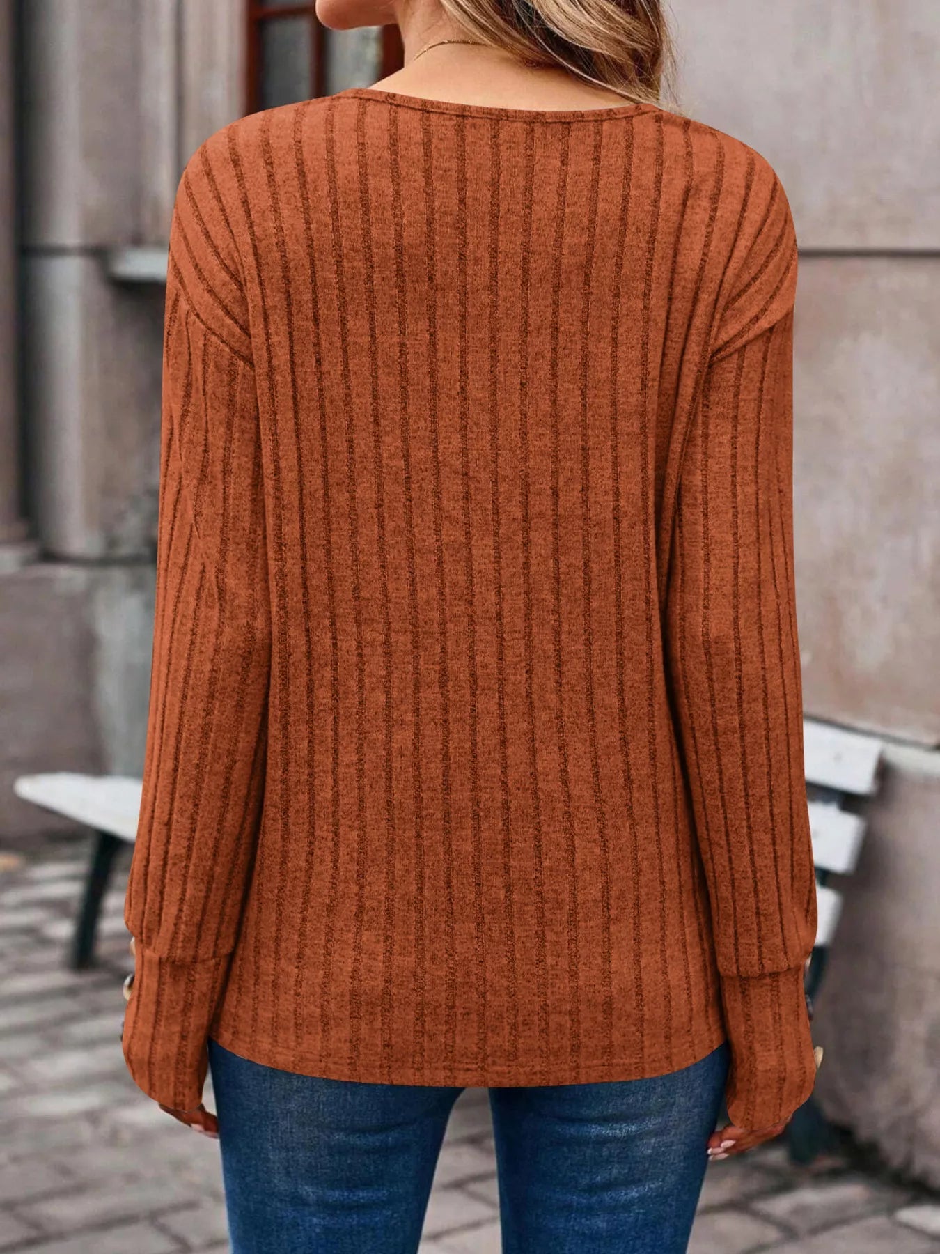 Ribbed V-Neck Long Sleeve Top 