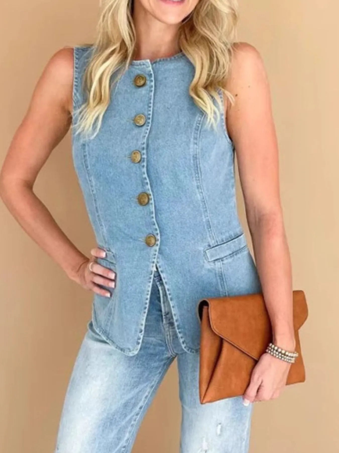 Sleeveless Button-Front Denim Vest 