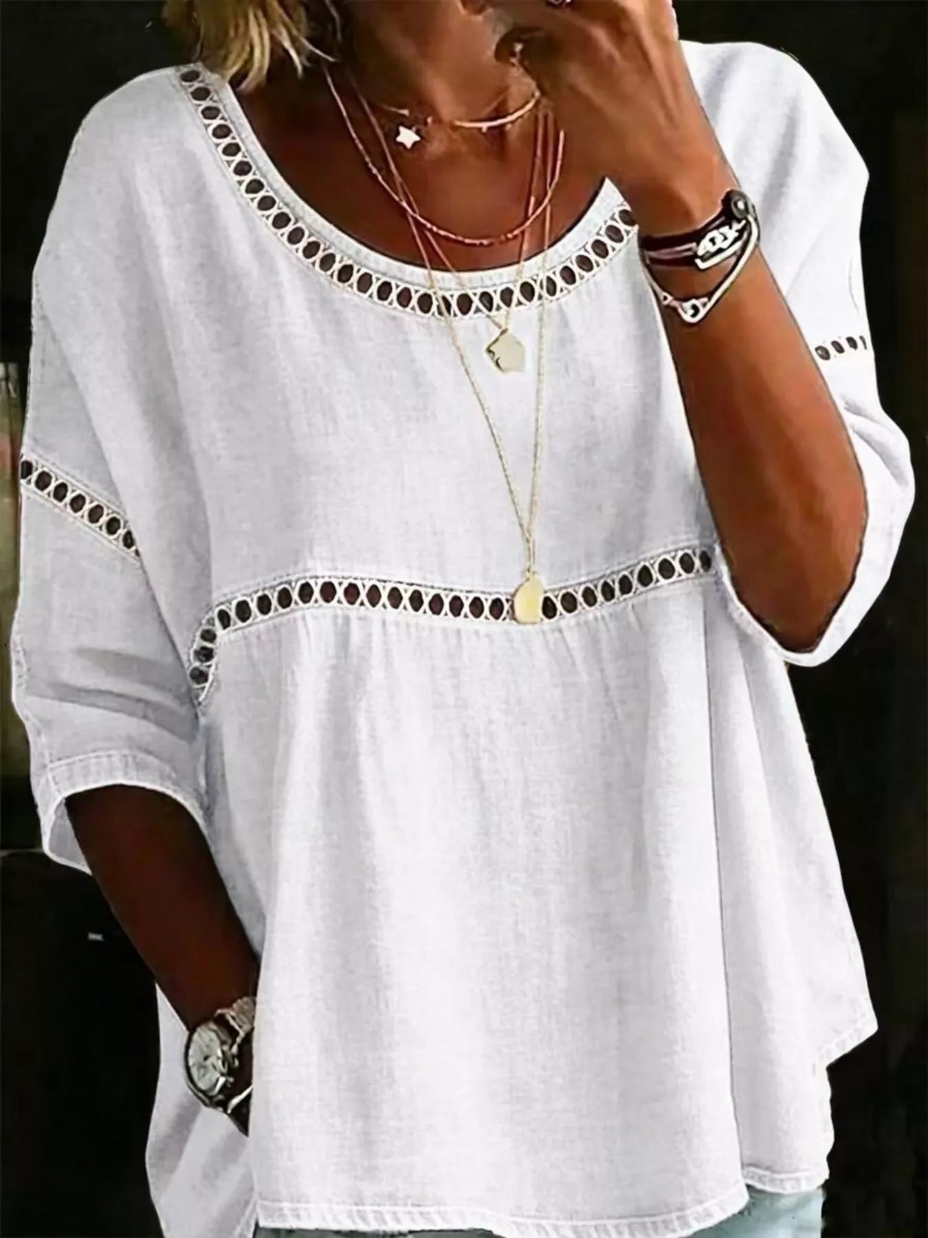 Full Size Hollow Out Round Neck Top Plus Size 