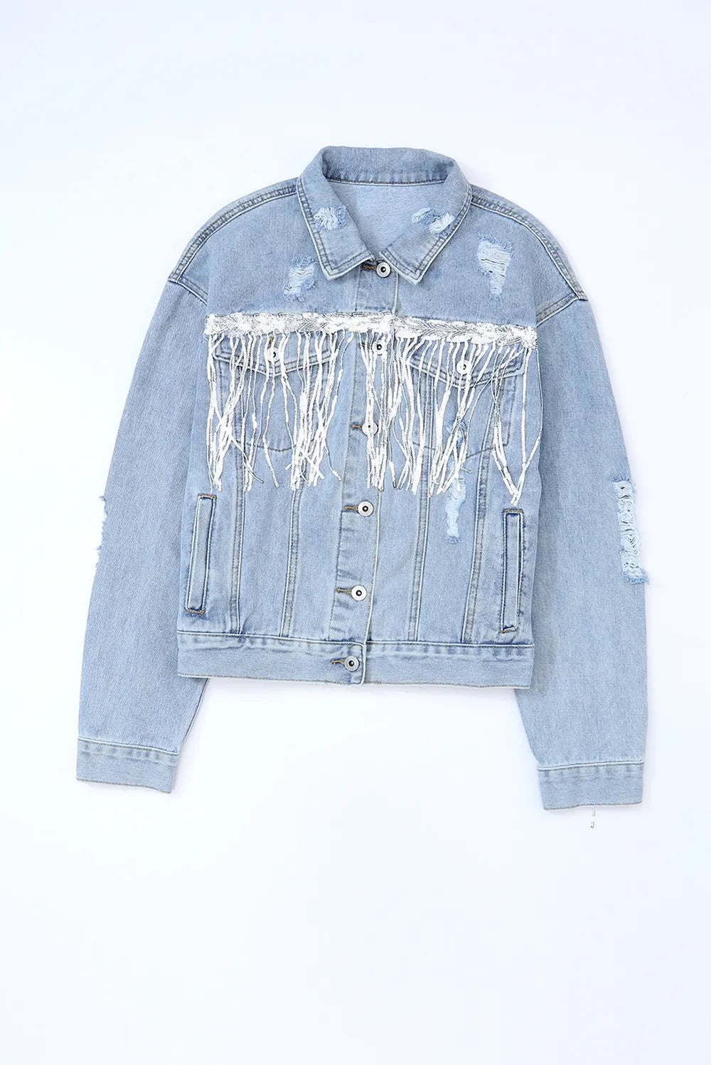 Sequin Fringe Trim Distressed Button Up Denim Jacket 