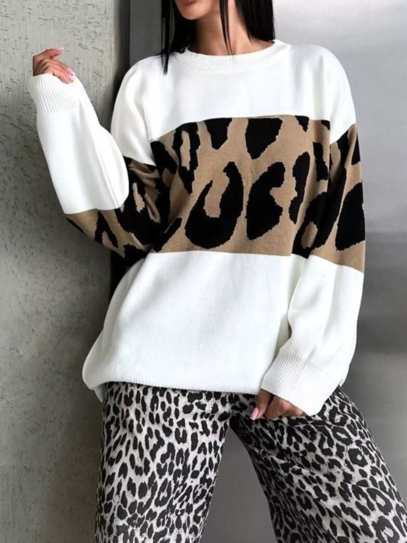 Leopard Color Block Round Neck Sweater 