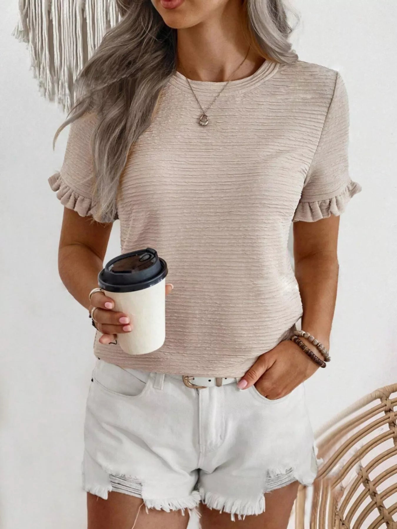 Textured Ruffle Sleeve Round Neck T-Shirt 
