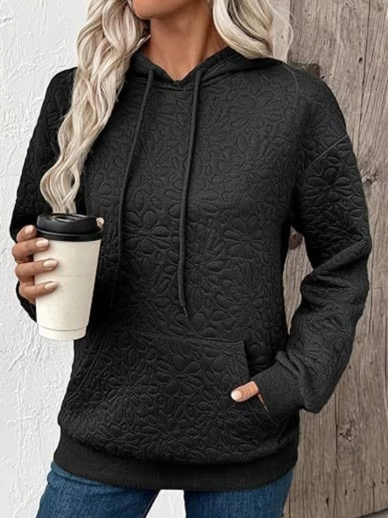 Textured Floral Quilted Hoodie 