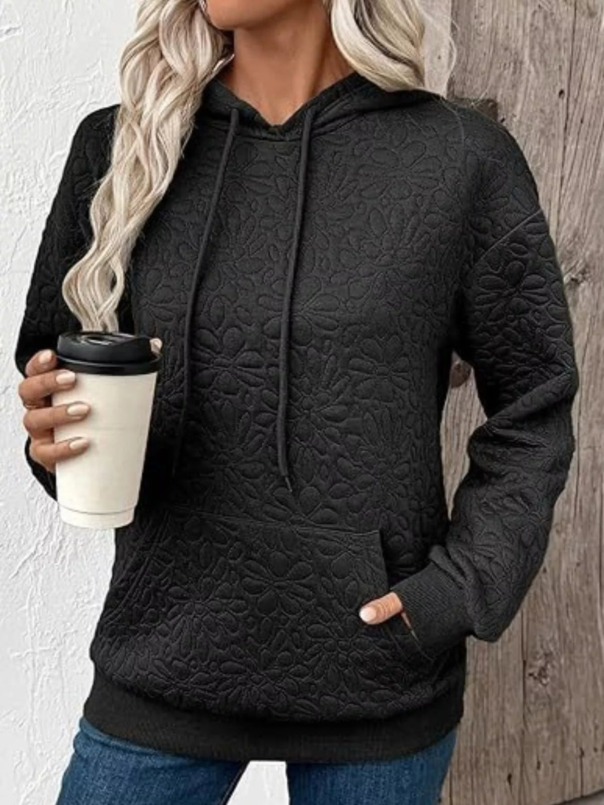 Textured Floral Quilted Hoodie 