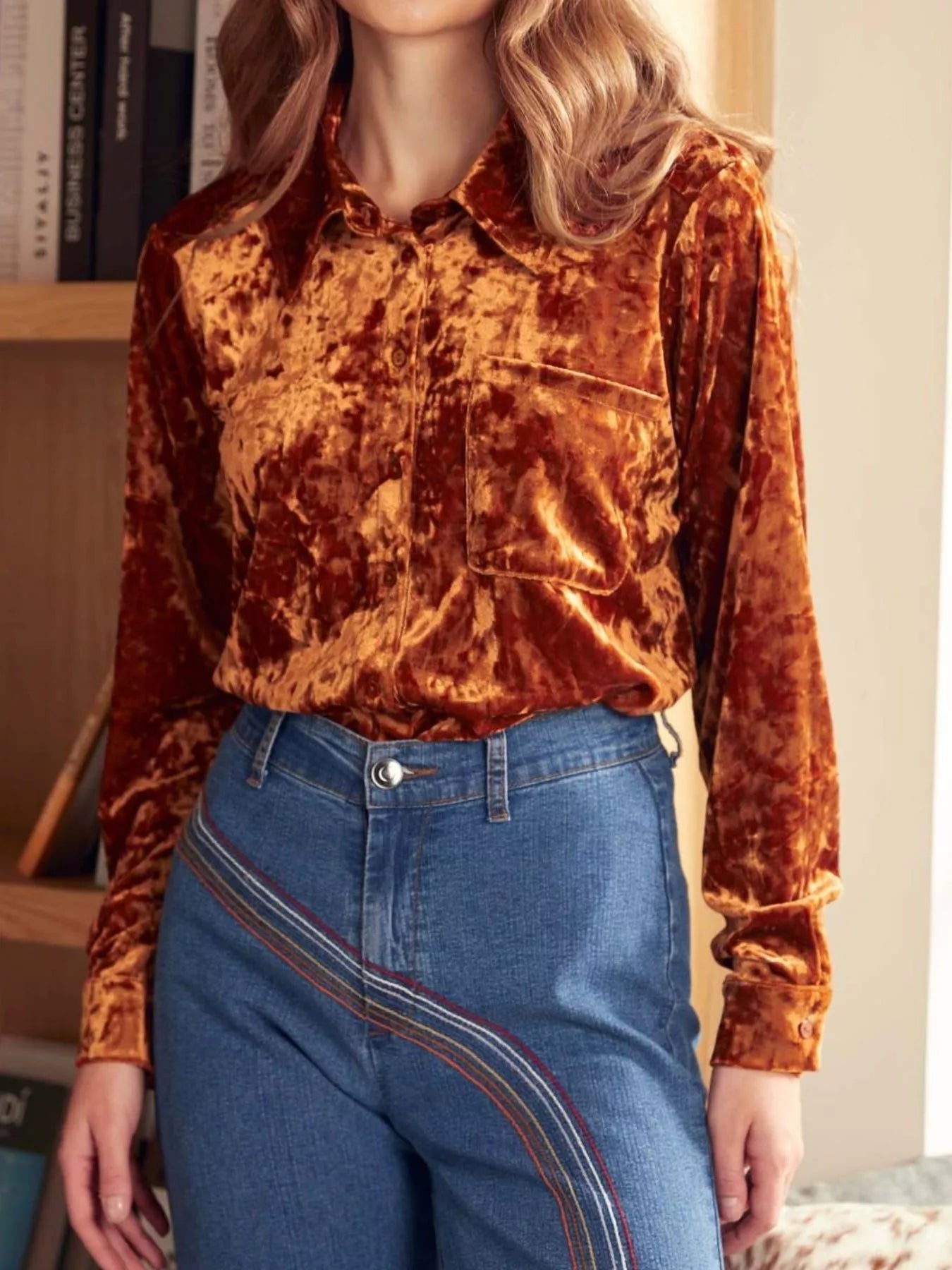 Velvet Button-Down Long Sleeve Shirt 