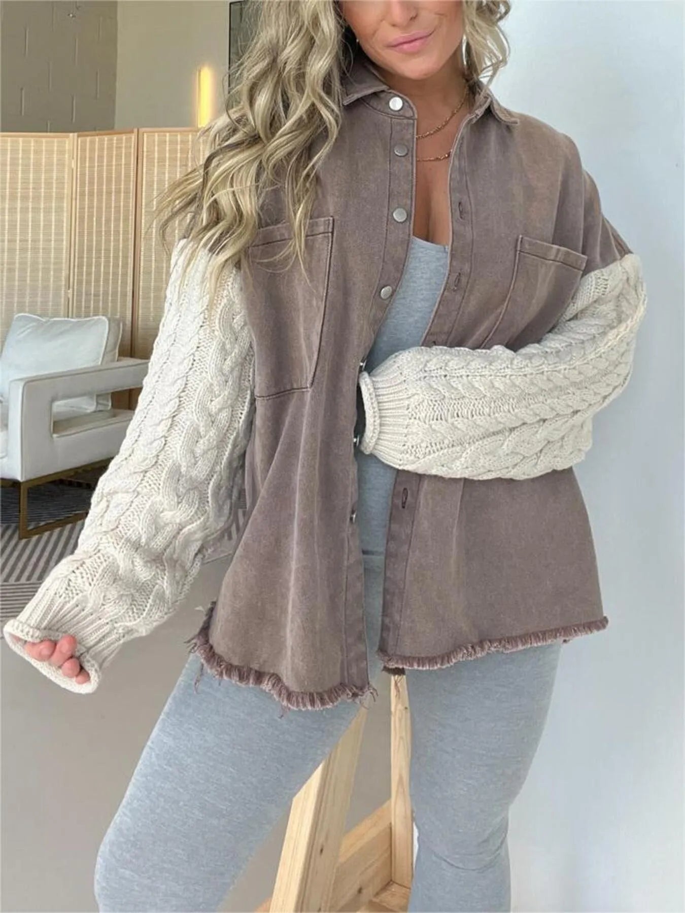 Full Size Raw Hem Button Up Patchwork Denim Jacket Plus Size 