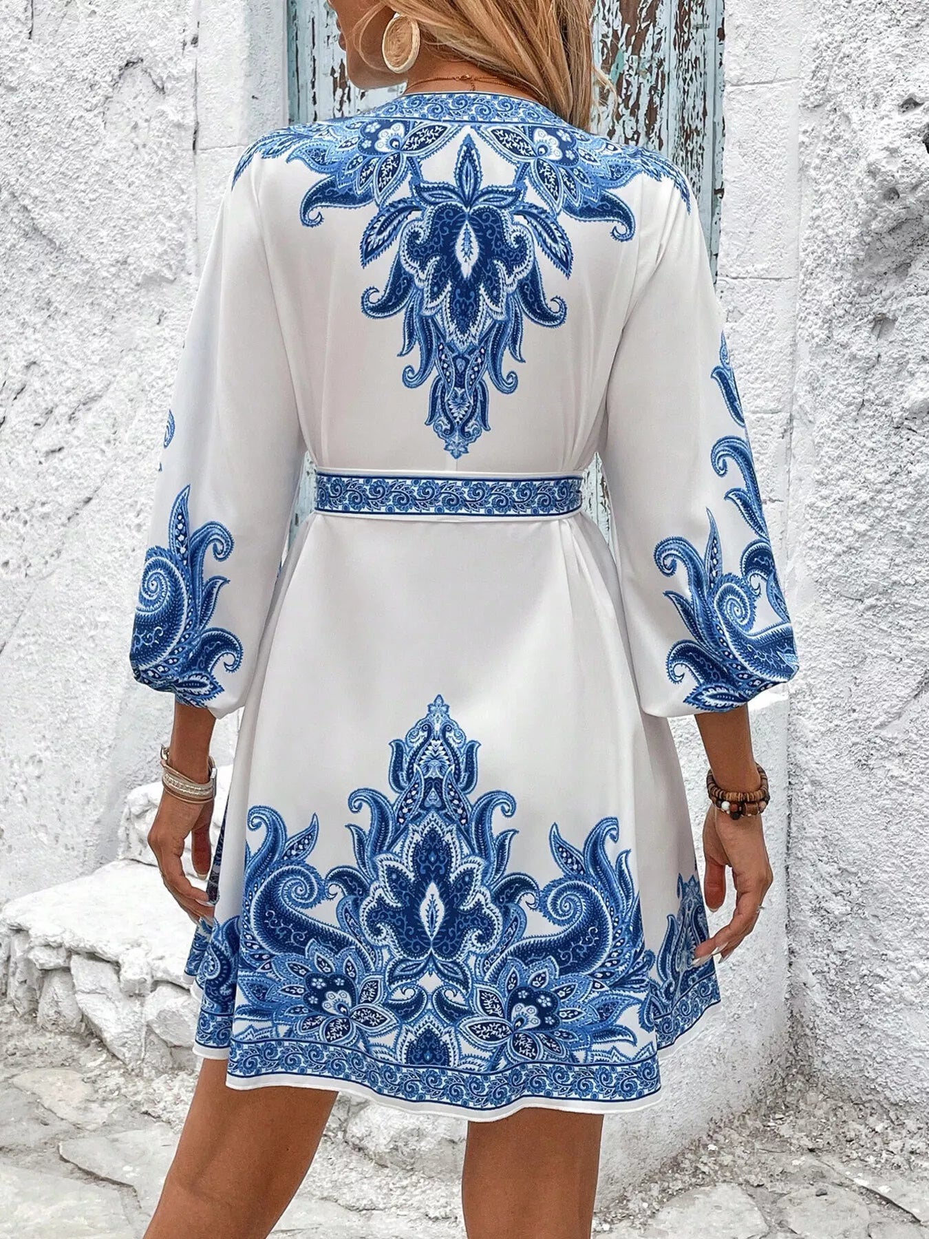 Printed Balloon Sleeve Mini Dress 