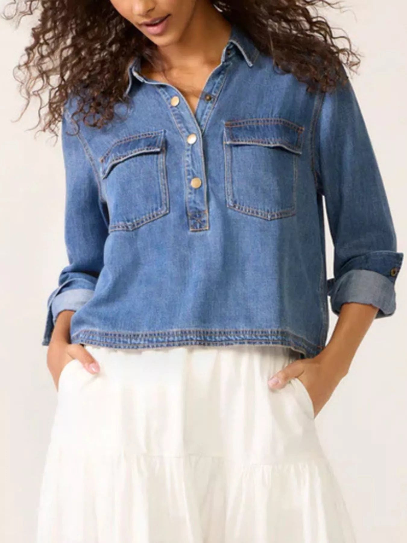 Half Snap Cropped Denim Top 