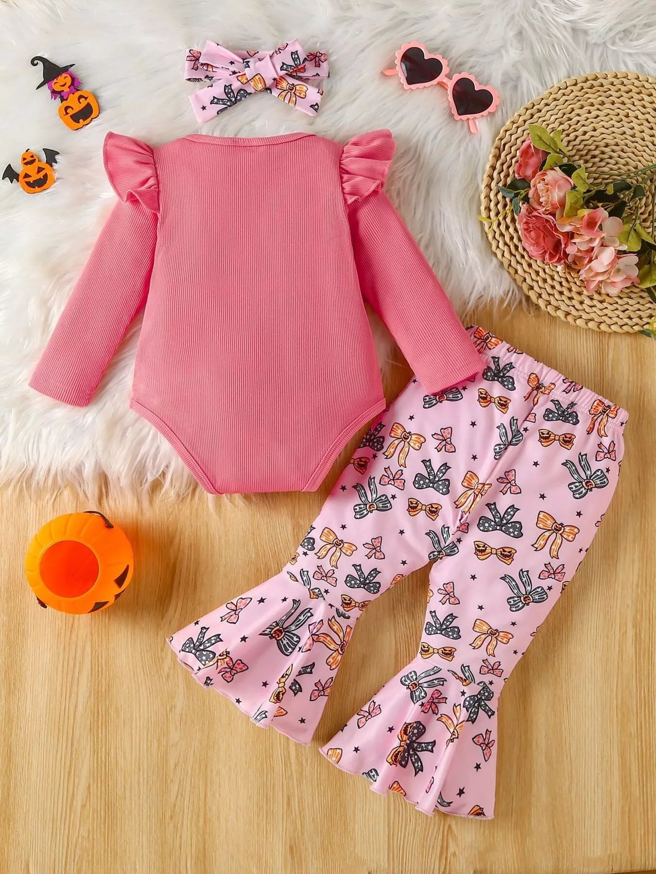 Children's Halloween Graphic Top and Pants 3-Piece Set with Headband 