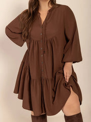 Plus Size Tie Neck Balloon Sleeve Tiered Dress 