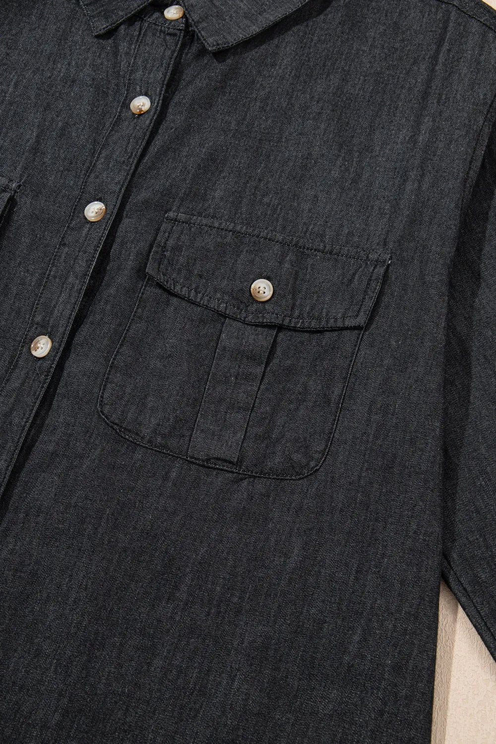 Pocketed Collared Neck Long Sleeve Denim Top 