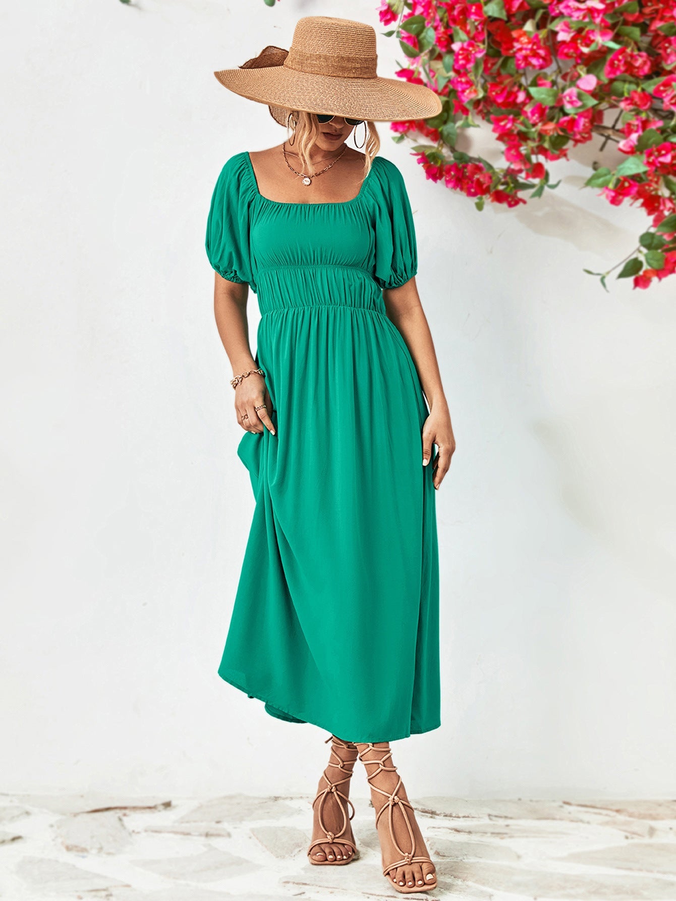 Off-Shoulder Balloon Sleeve Midi Dress 