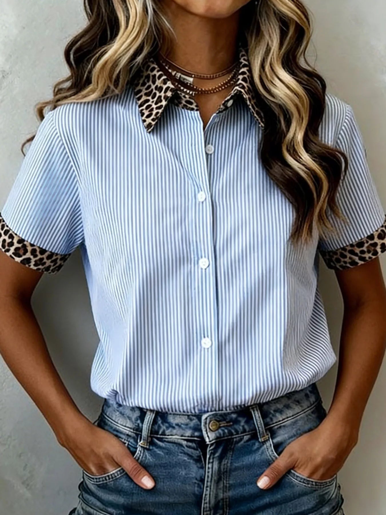 Stripe Leopard Contrast Collar Short Sleeve Shirt 