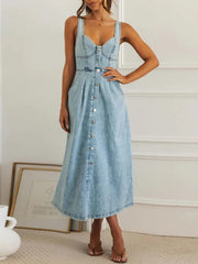 Sweetheart Neck Button-Front Midi Denim Dress 