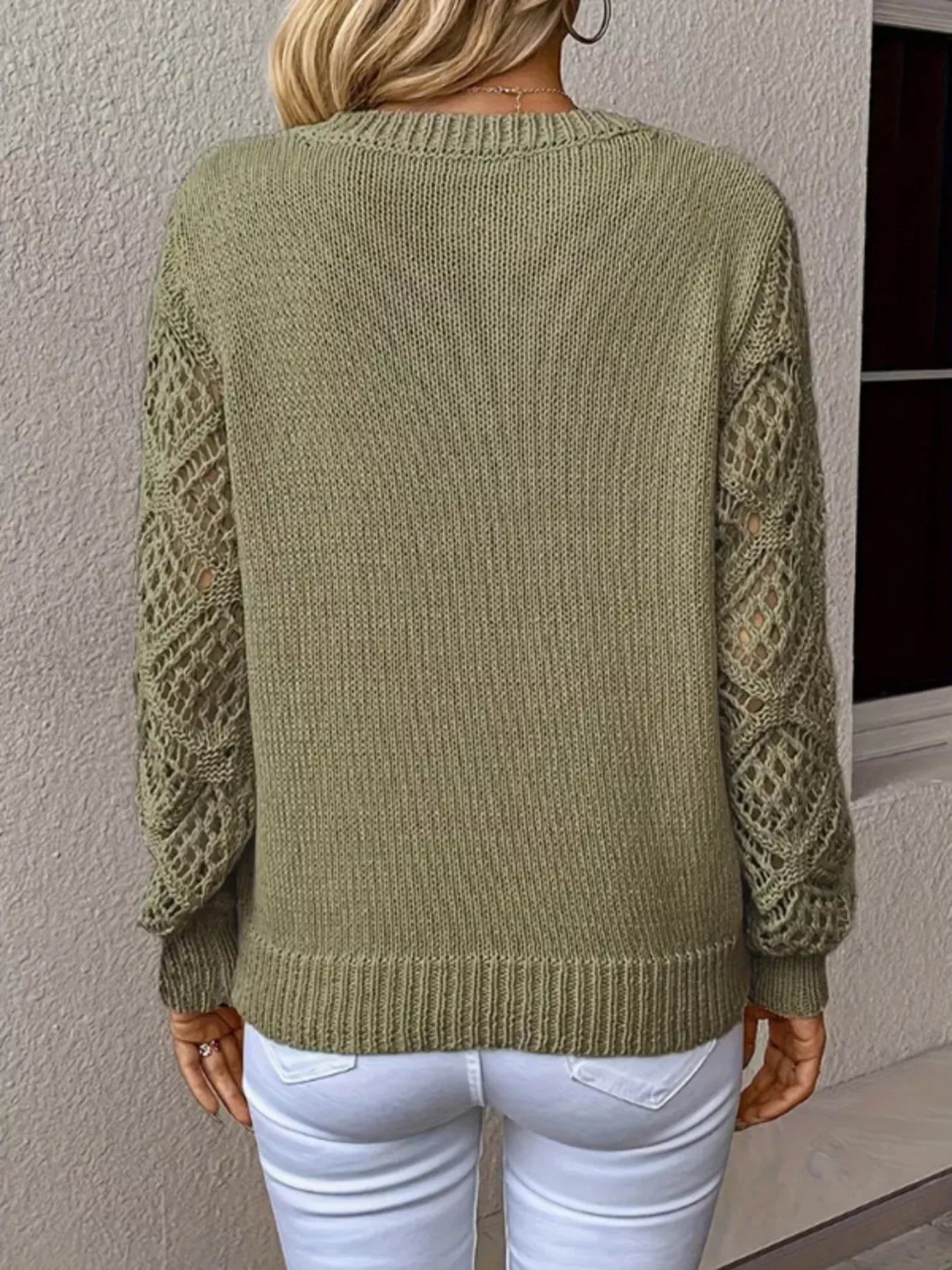 Openwork V-Neck Long Sleeve Sweater 