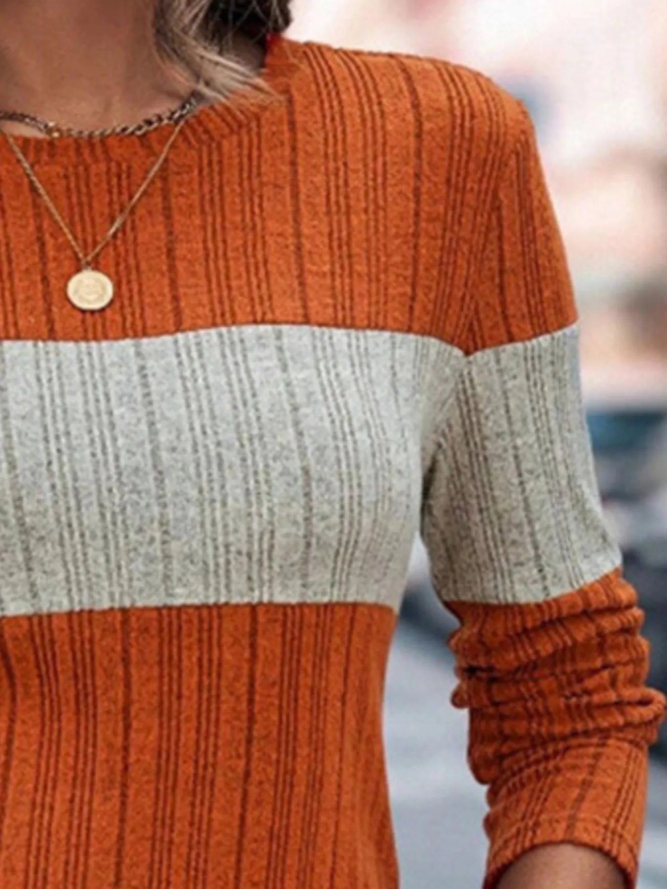 Color Block Round Neck Long Sleeve Sweater 