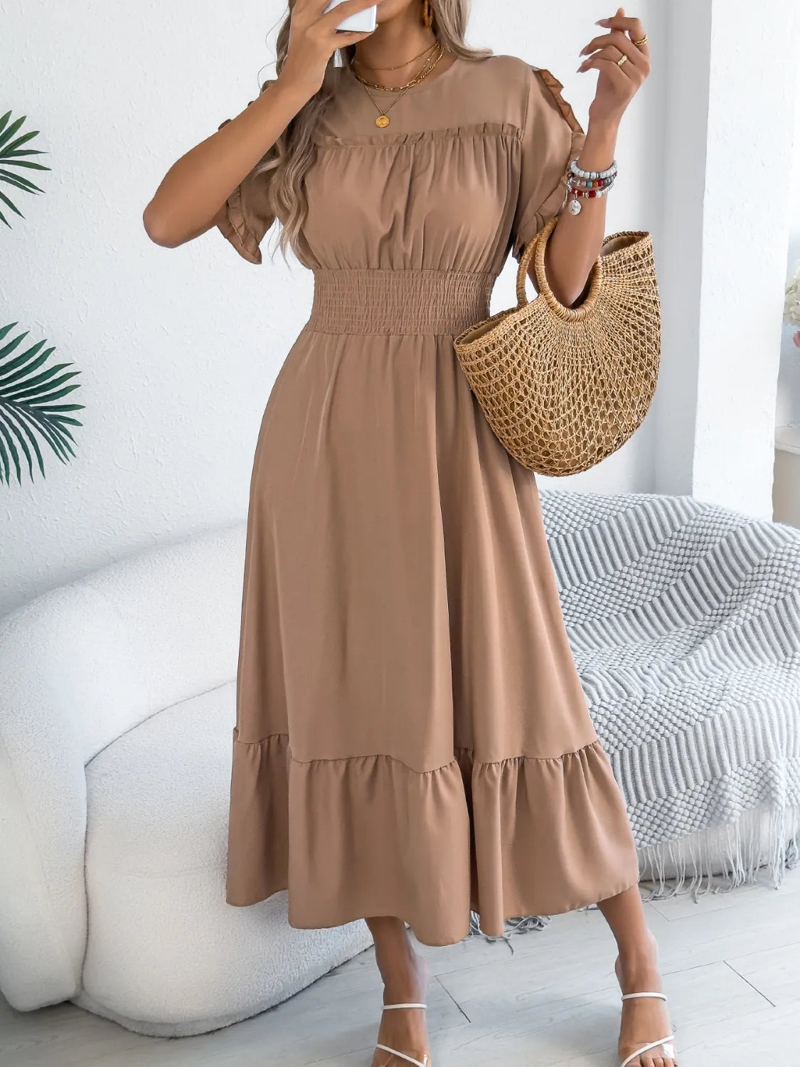 Smocked Frill Round Neck Midi Dress 