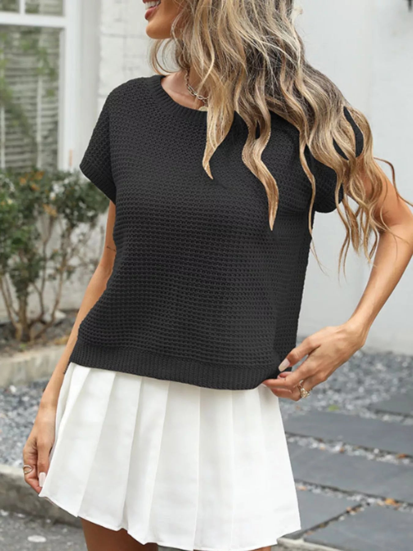 Round Neck Waffle Knit Top 