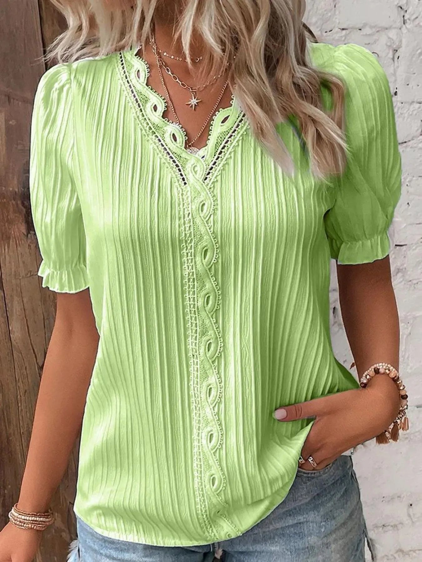 Full Size Lace Detail V-Neck Blouse Plus Size 