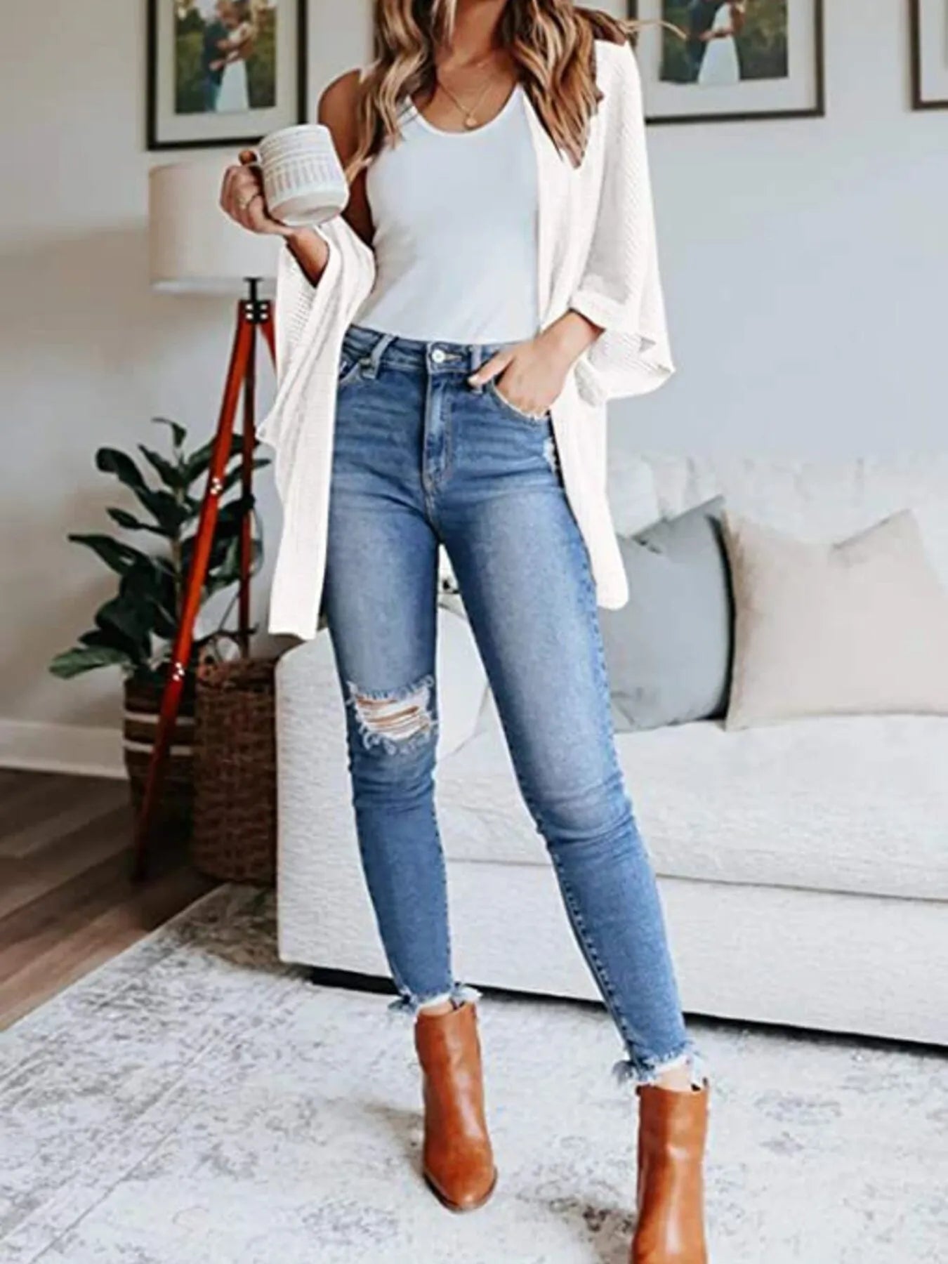 Full Size Open Front Waffle Knit Cardigan Plus Size 