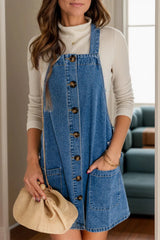 Square Neck Wide Strap Denim Overall Dress 