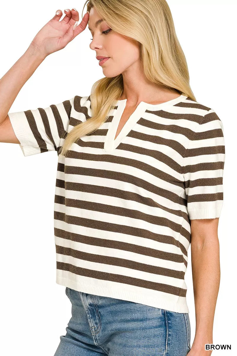 Zenana Split Neck Stripe Short Sleeve Sweater 