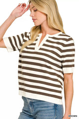 Zenana Split Neck Stripe Short Sleeve Sweater 