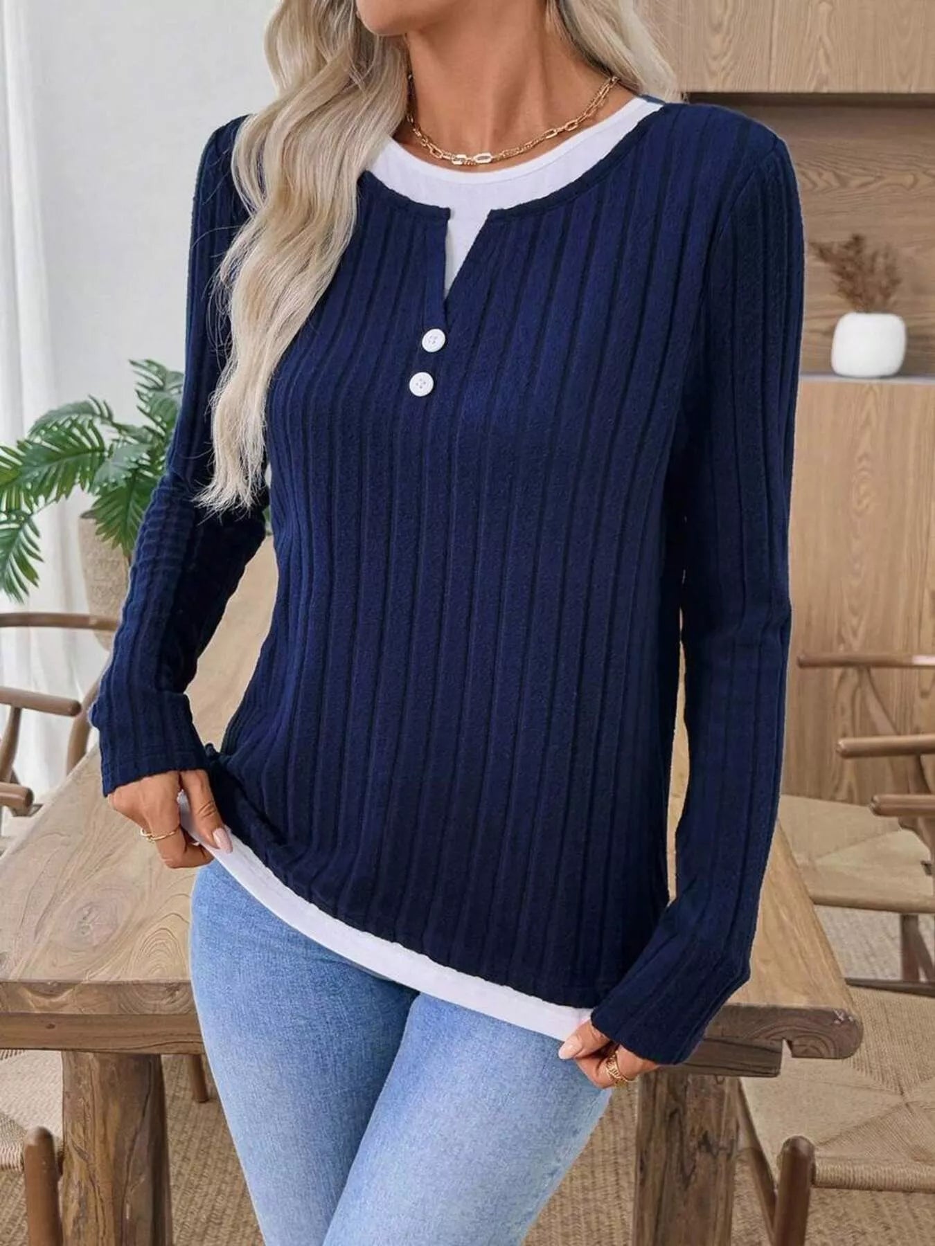 Ribbed Knit Button Detail Contrast Sweater 