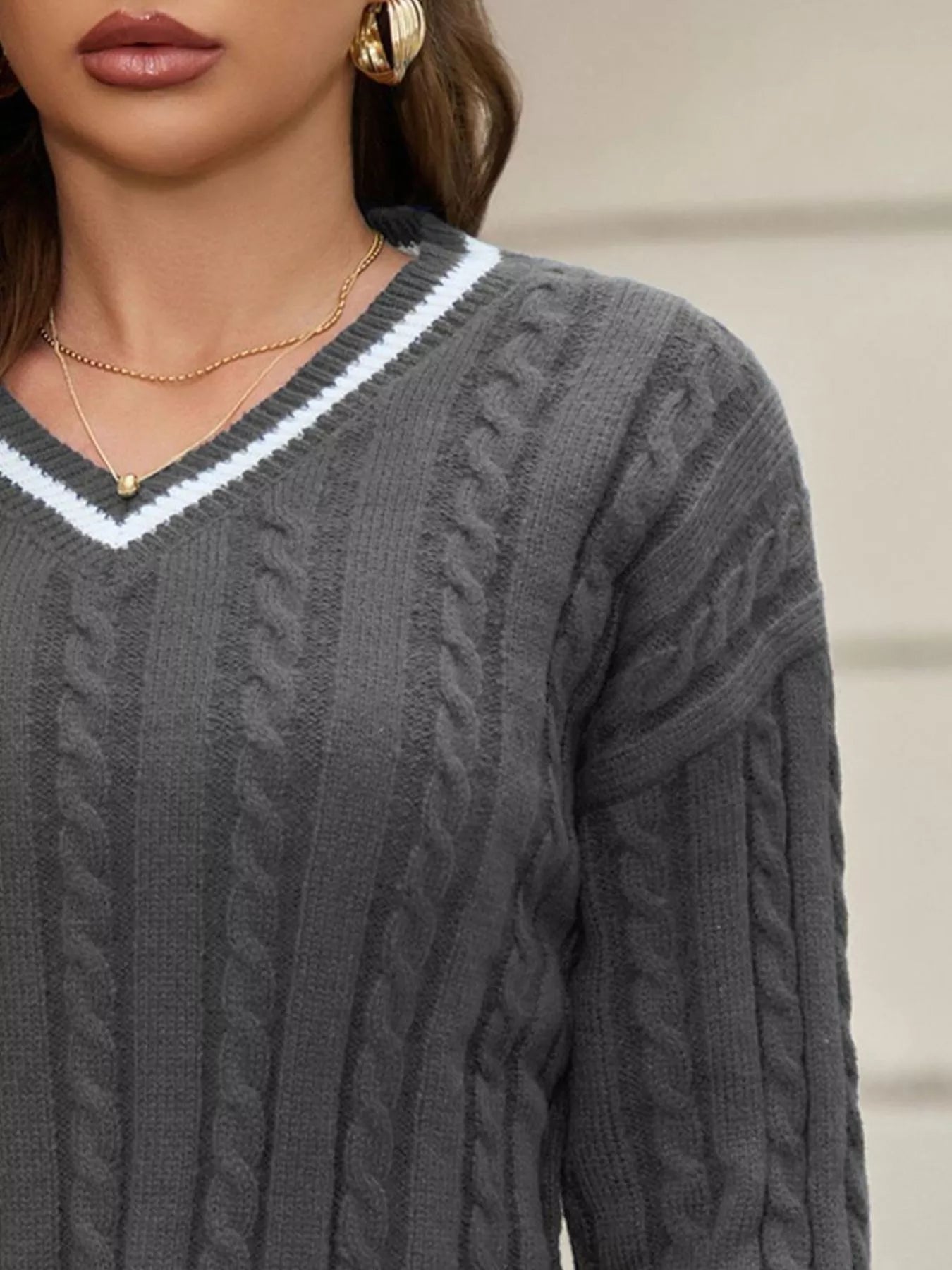 Classic Cable Knit V-Neck Sweater 