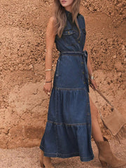 Button Front Sleeveless Denim Dress 