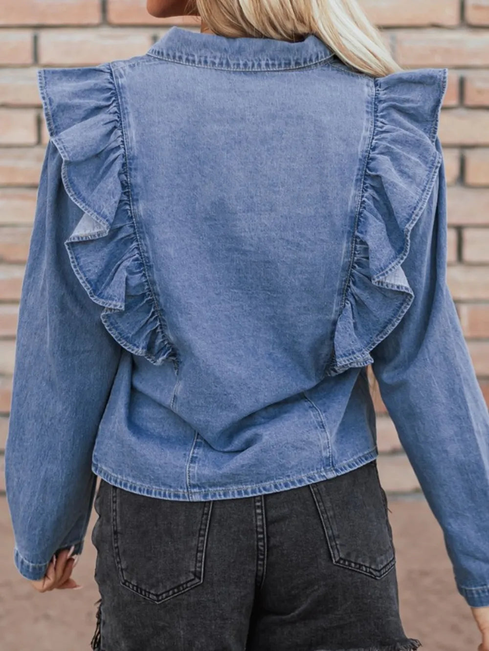 Ruffled Collared Neck Long Sleeve Denim Top 
