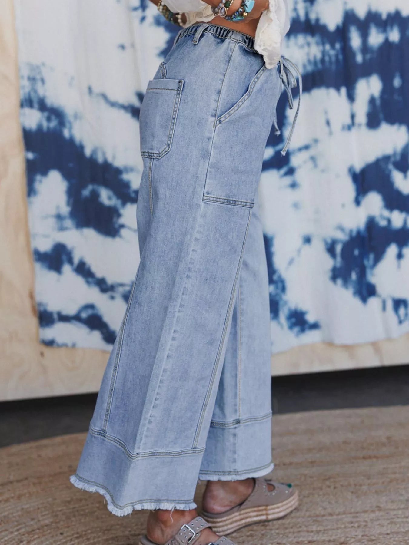 Wide Leg Drawstring Raw Hem Jeans 