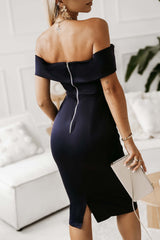 Elegant off-shoulder zip-back slit dress in navy, perfect for formal occasions.