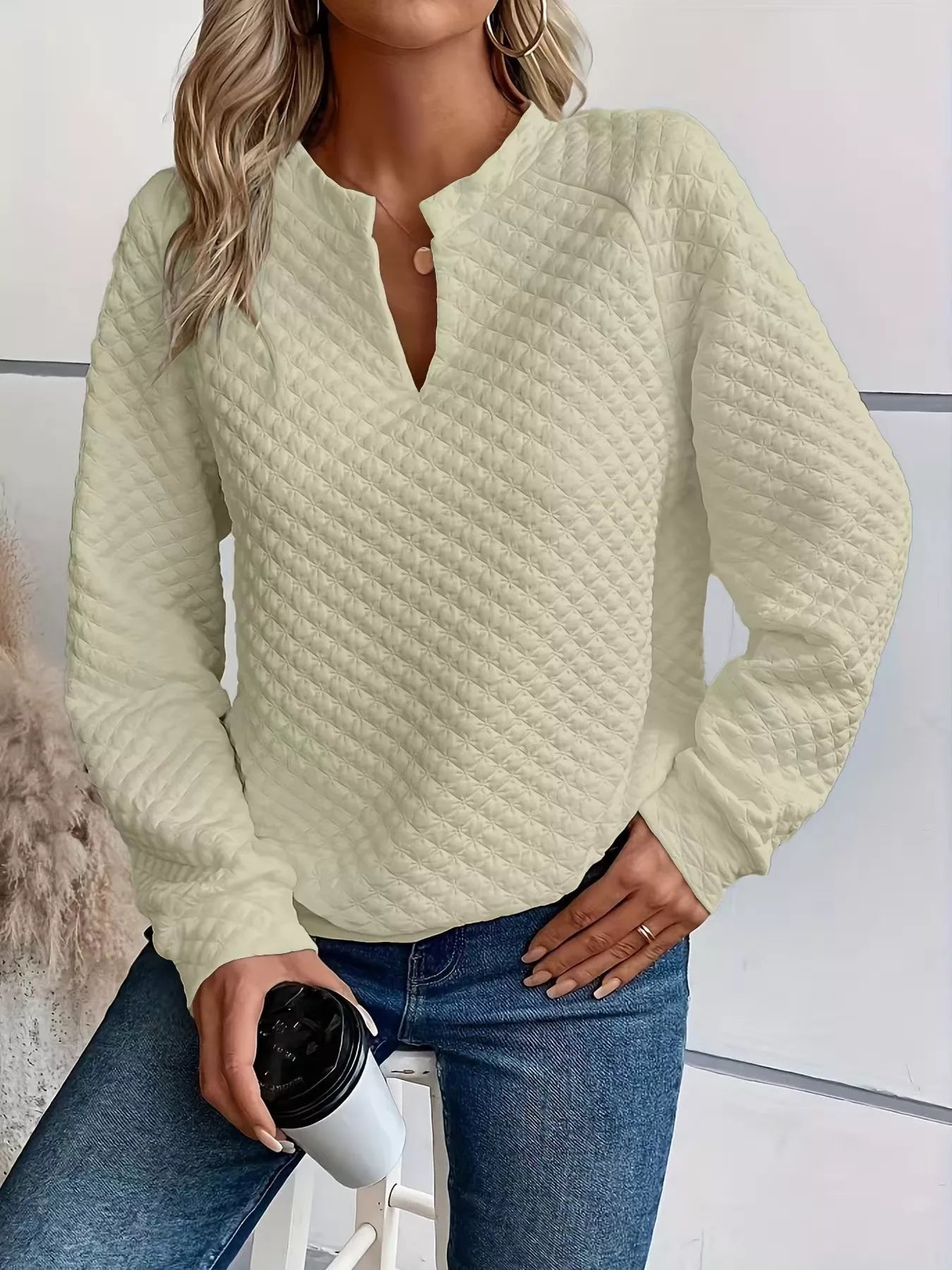 Textured Notched Raglan Sleeve Sweatshirt 