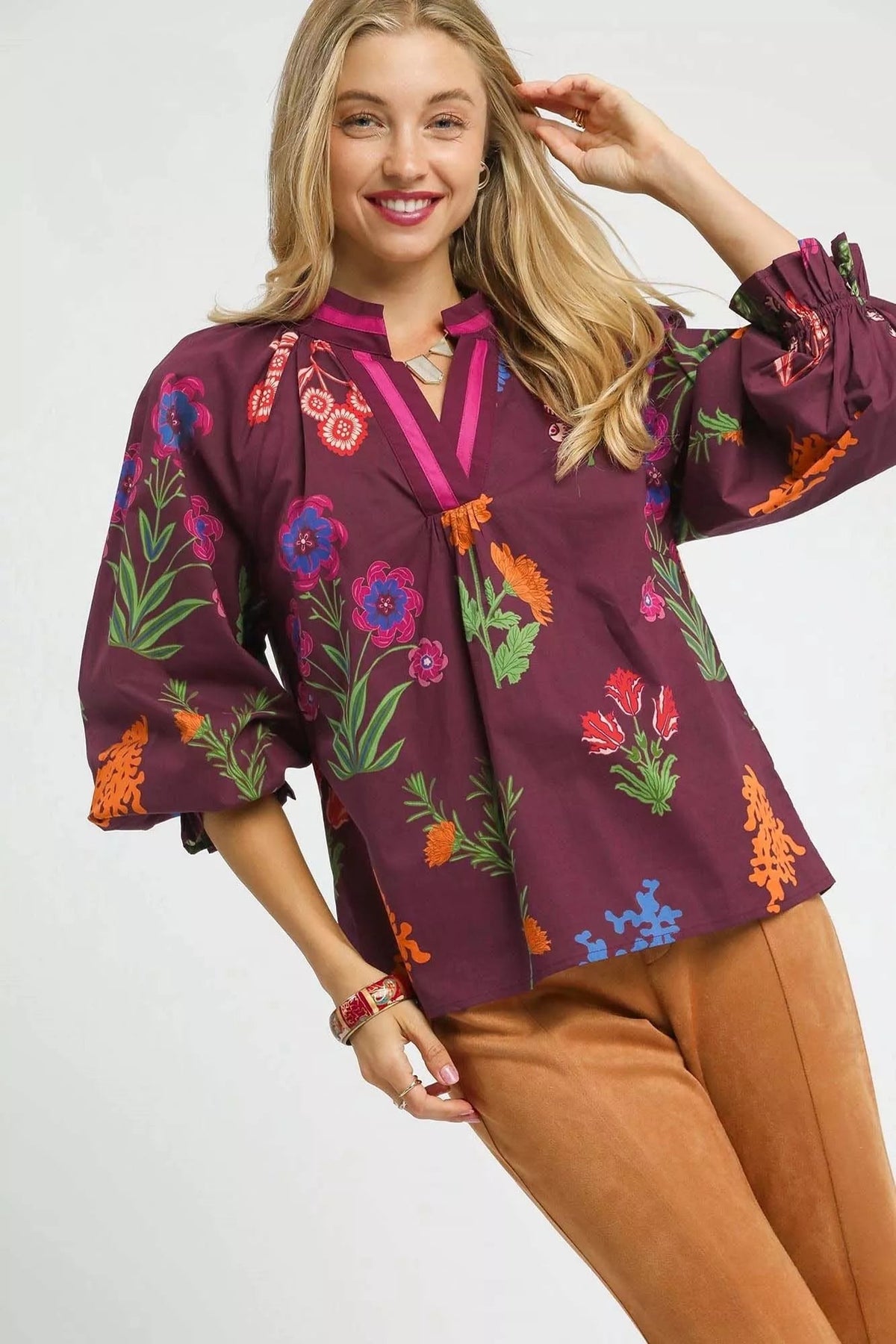 Umgee Floral Print Flounce Sleeve Blouse 