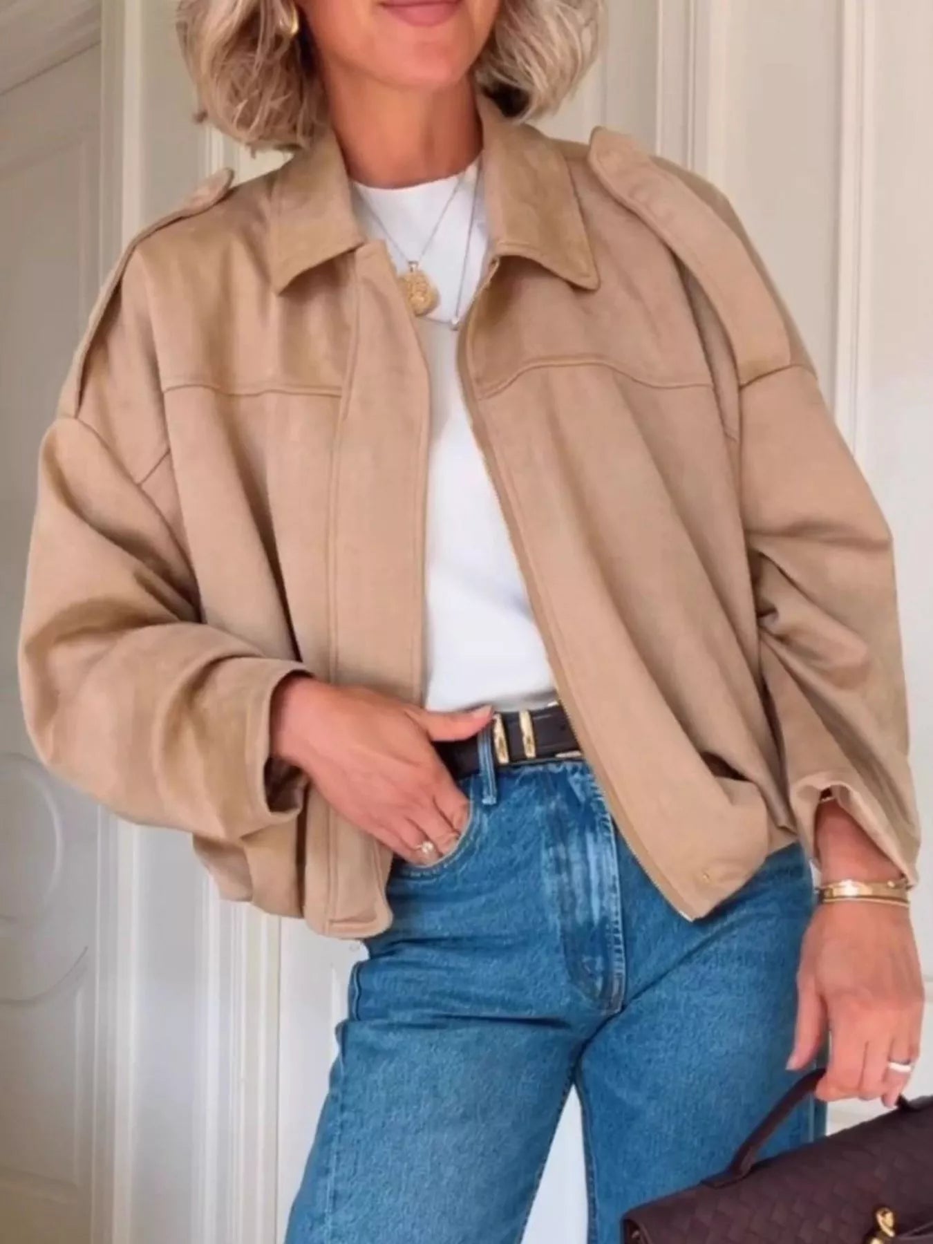 Zip Up Dropped Shoulder Suede Jacket 