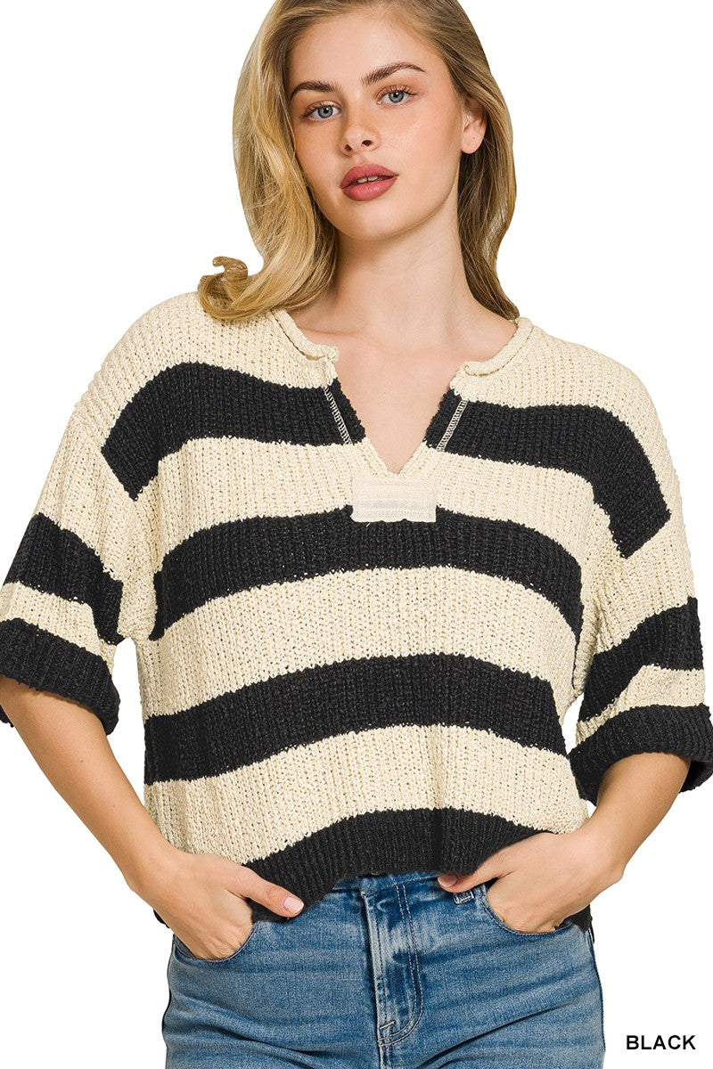 Zenana Split Neck Stripe Sweater 