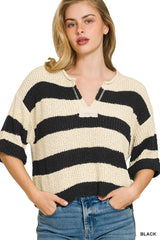 Zenana Split Neck Stripe Sweater 