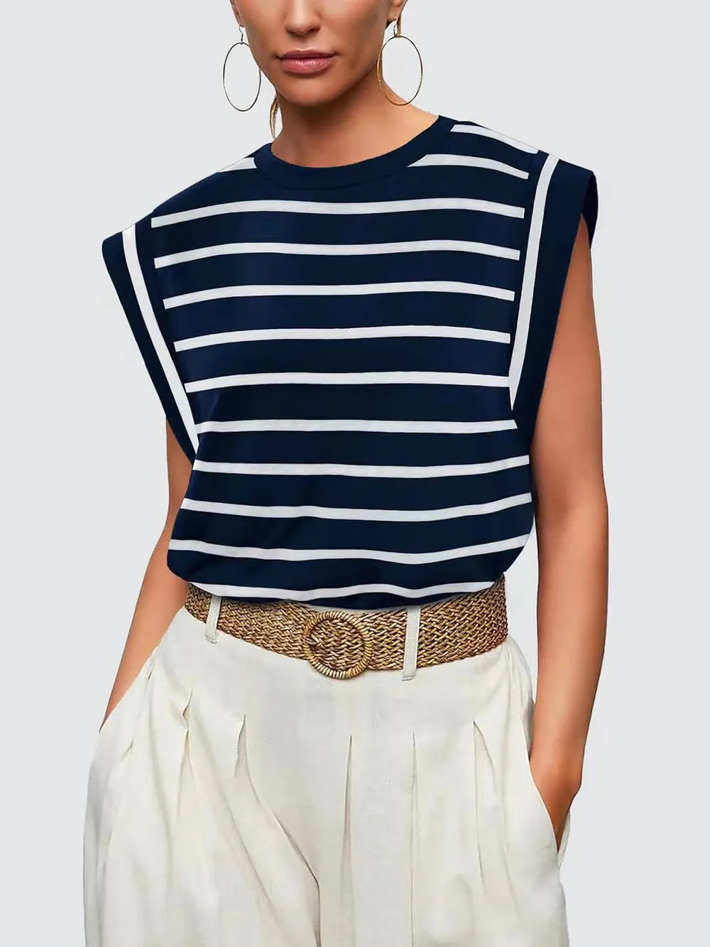 Striped Round Neck Cap Sleeve T-Shirt 