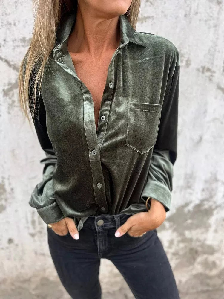Full Size Velvet Button-Up Long Sleeve Shirt Plus Size 