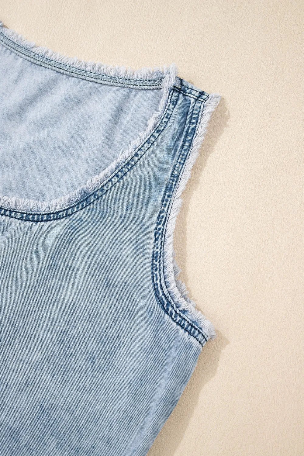 Mineral Wash Denim Frayed U Neck Sleeveless Top 