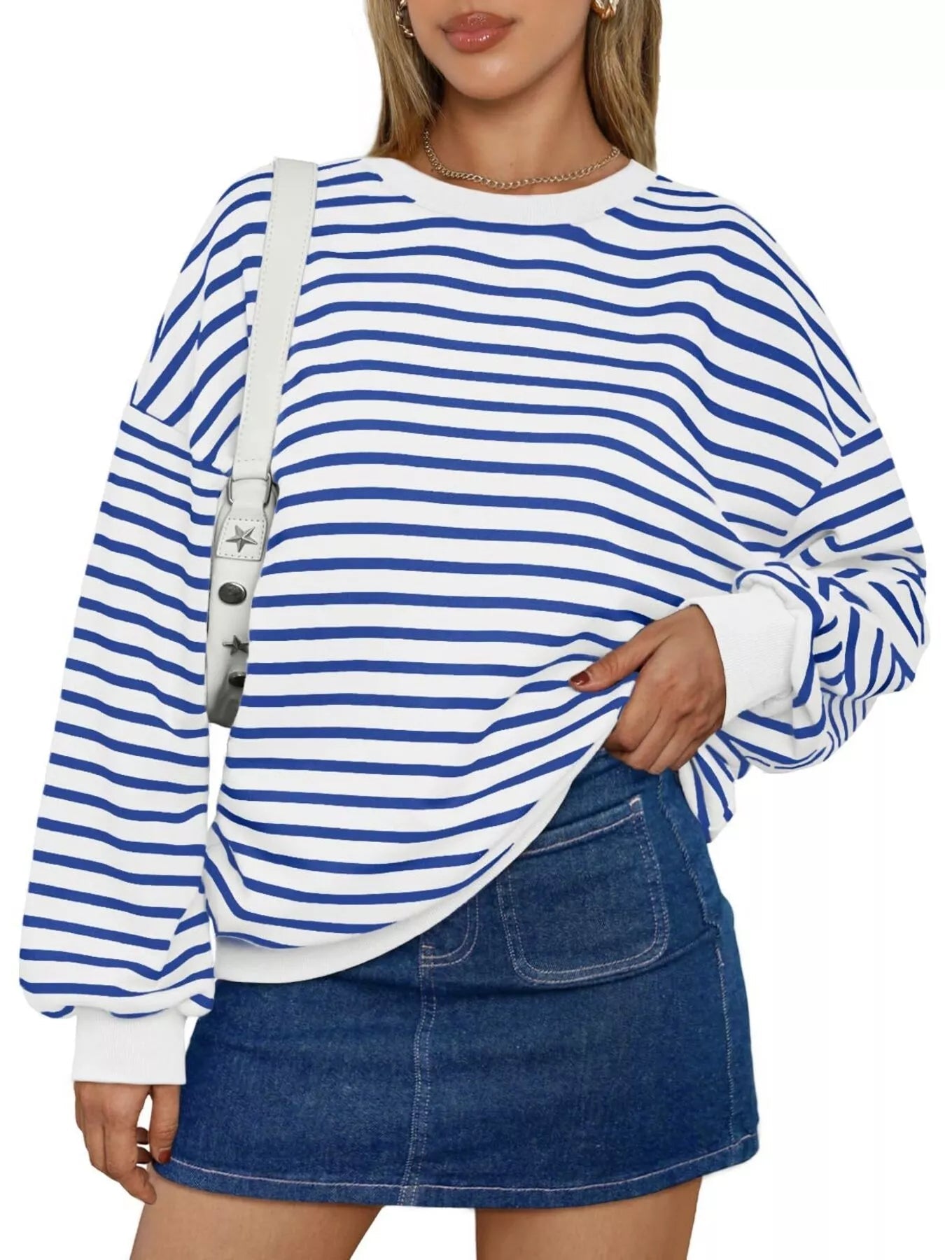 Striped Round Neck Oversized Casual Sweatshirt 