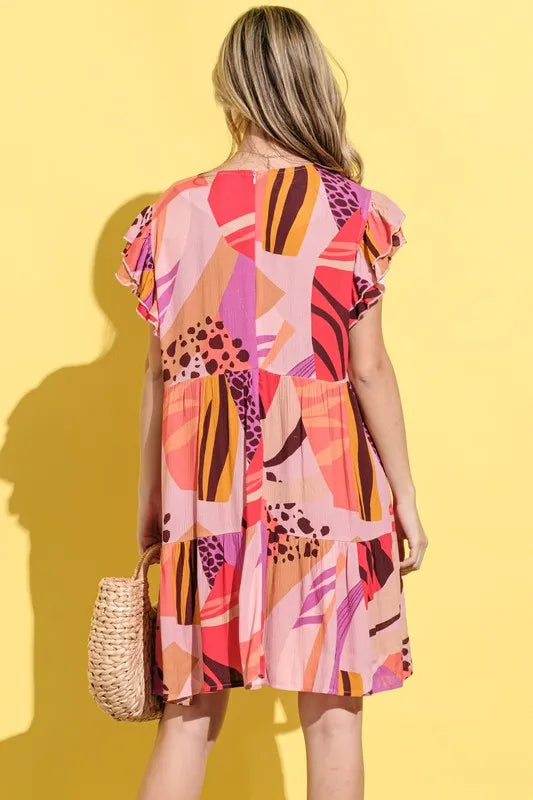 And The Why Printed Double Ruffles Sleeve Dress 