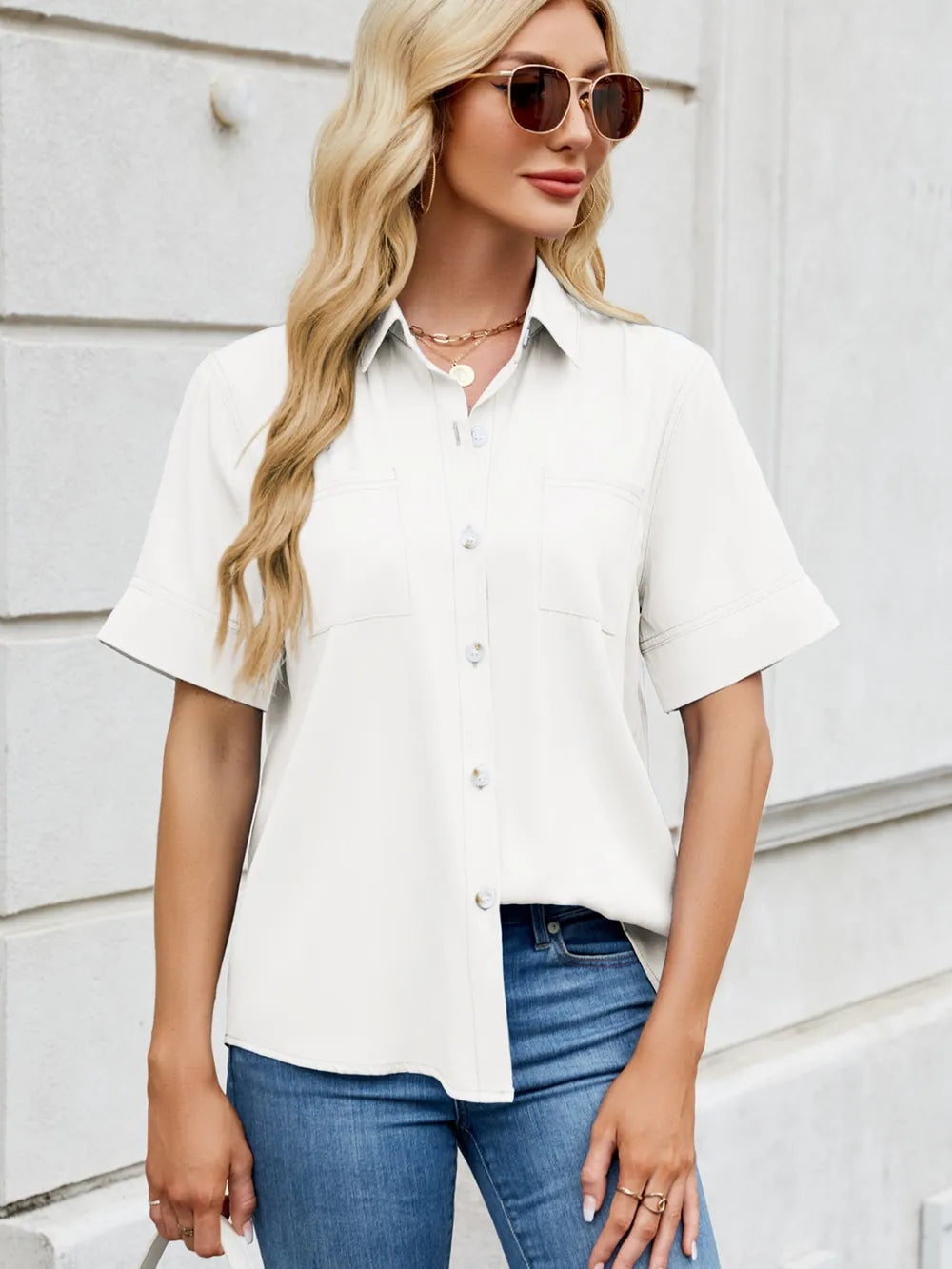 Collared Neck Short Sleeve Shirt 