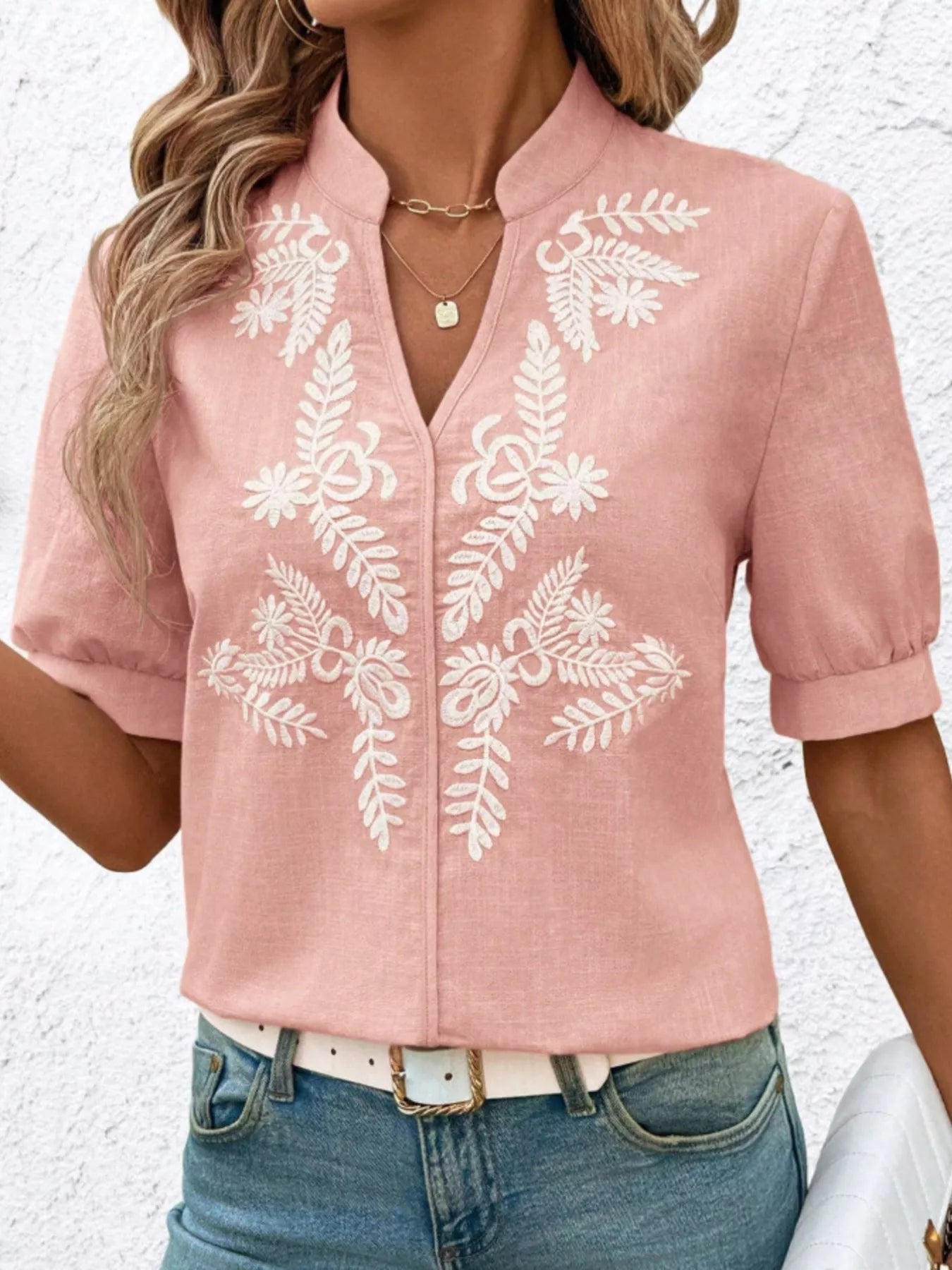 Embroidered Notched Short Sleeve Blouse 