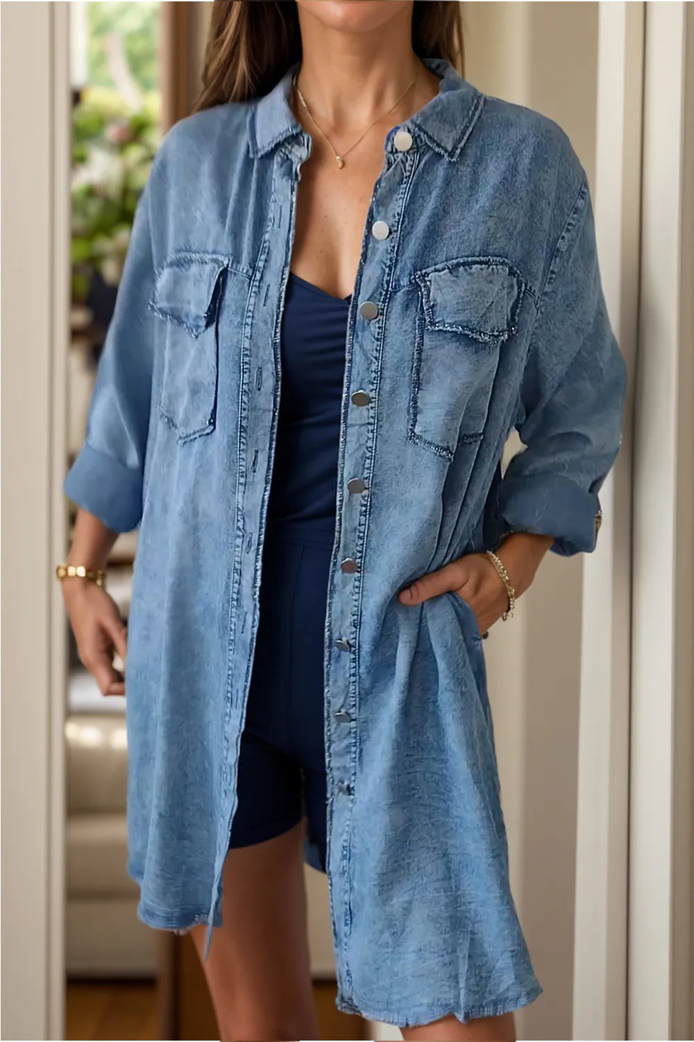 Full Size Pocketed Button Up Long Sleeve Denim Jacket 